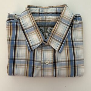 Steve Barry's Mens Shirt  L Blue Plaid 100% Cotton Short Sleeve  Slits Preppy